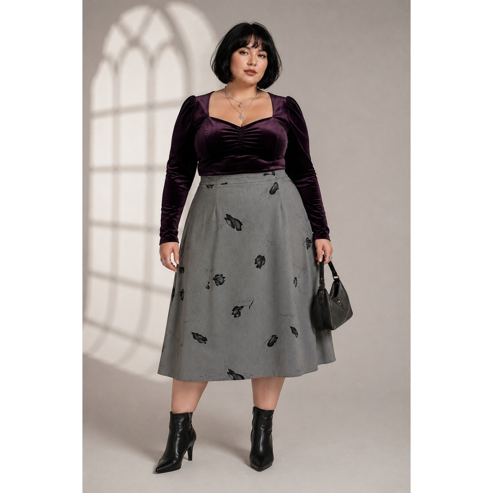Boho Whimsigoth Y2K 90s Vintage Grey Black Floral Elastic Waist 18 Midi Skirt